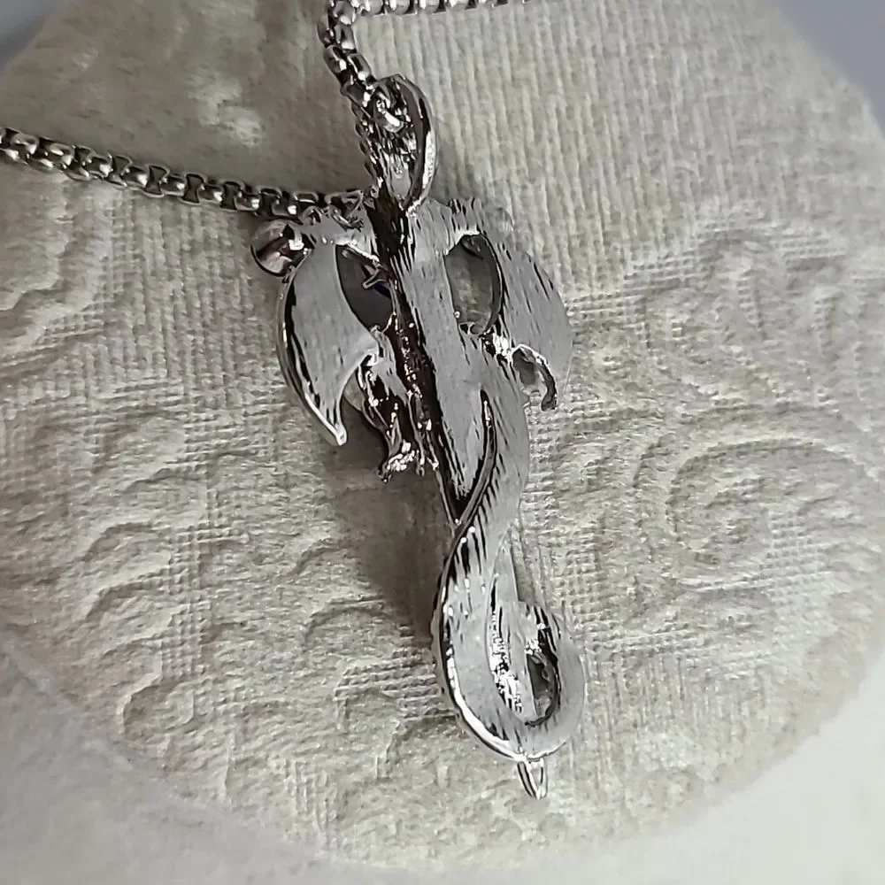 Dragon Cross Sword Necklace Blue Stone Medieval Fantasy Gothic Silver Unisex 24